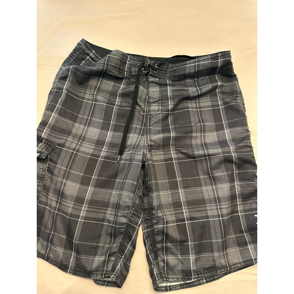 ONeill Mens Plaid Board Shorts Grey Black Cargo Pocket Swim Trunks 22in Outseam